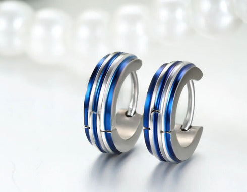 316L Surgical Steel Striped Blue/Black Men Women Hypoallergenic Hoop Earrings